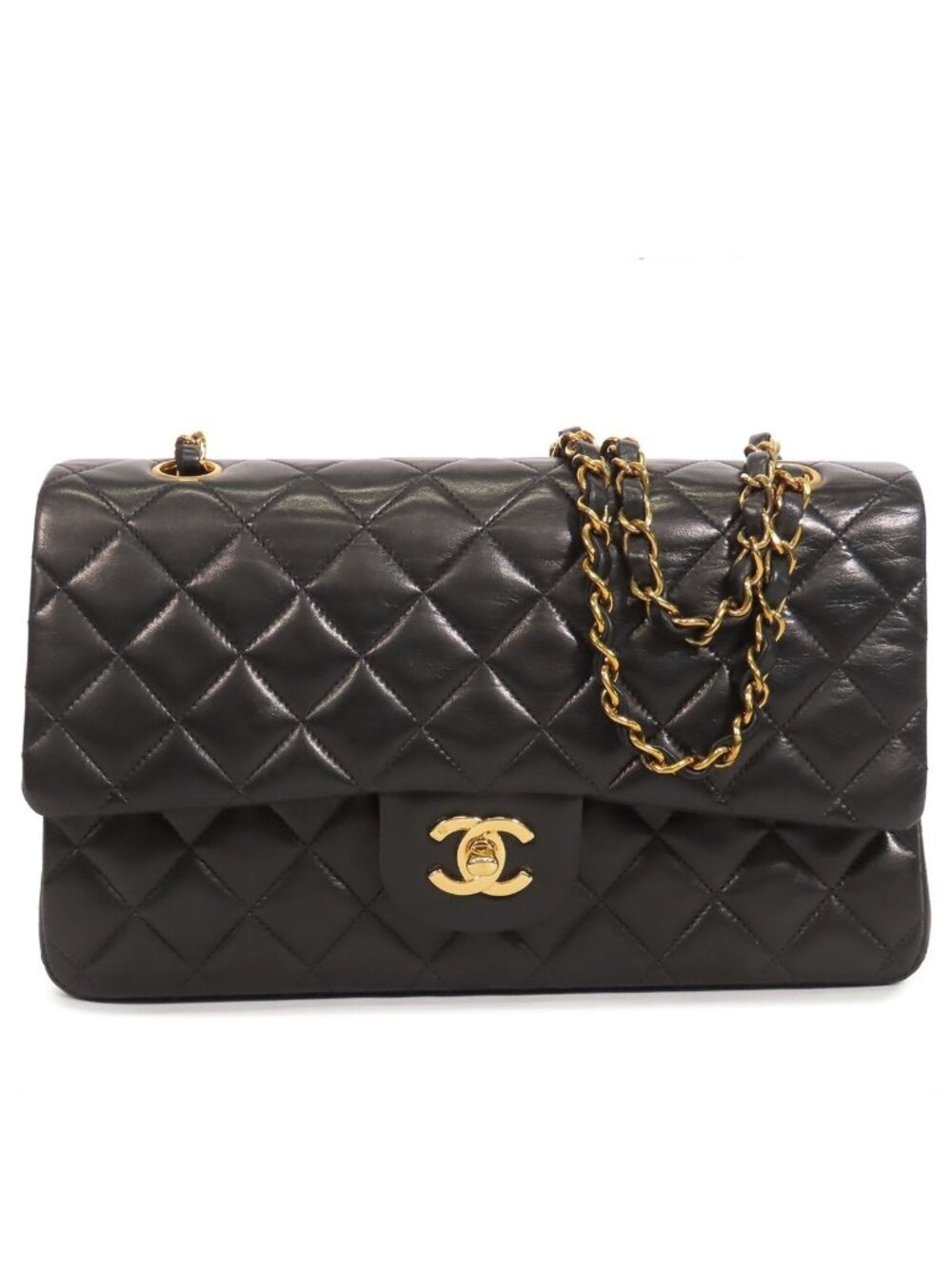Chanel Chain Black Gold Lambskin Quilted 25 Double Flap Shoulder Bag Vintage